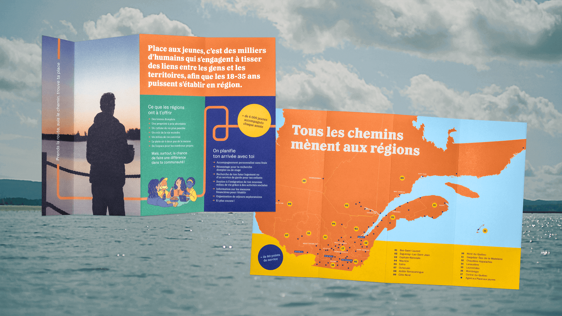 Branding et Campagne publicitaire | Dépliant avec une carte du Québec | Place aux jeunes en région