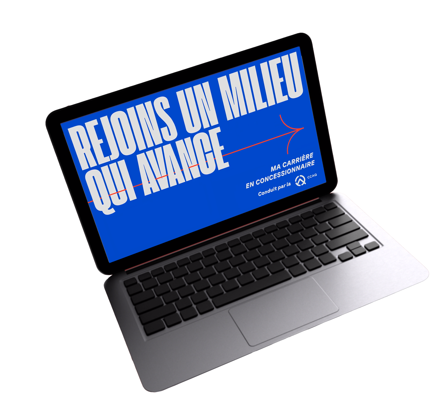 Slogan «Rejoins un milieu qui avance» de la campagne de la CCAQ affiché sur un ordinateur portable.